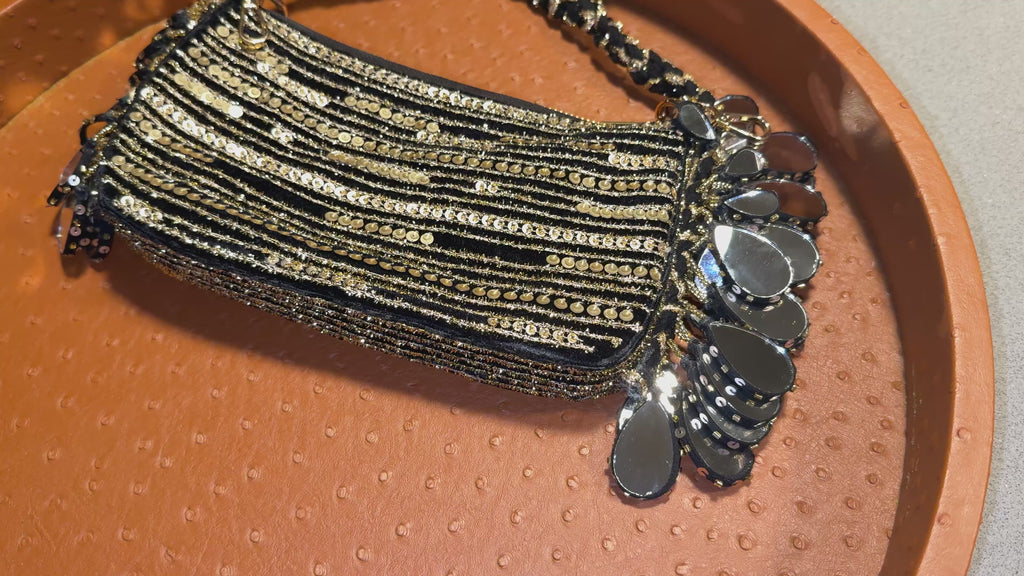 Mirror Mirror Black Velvet & Gold Sequin Wristbag